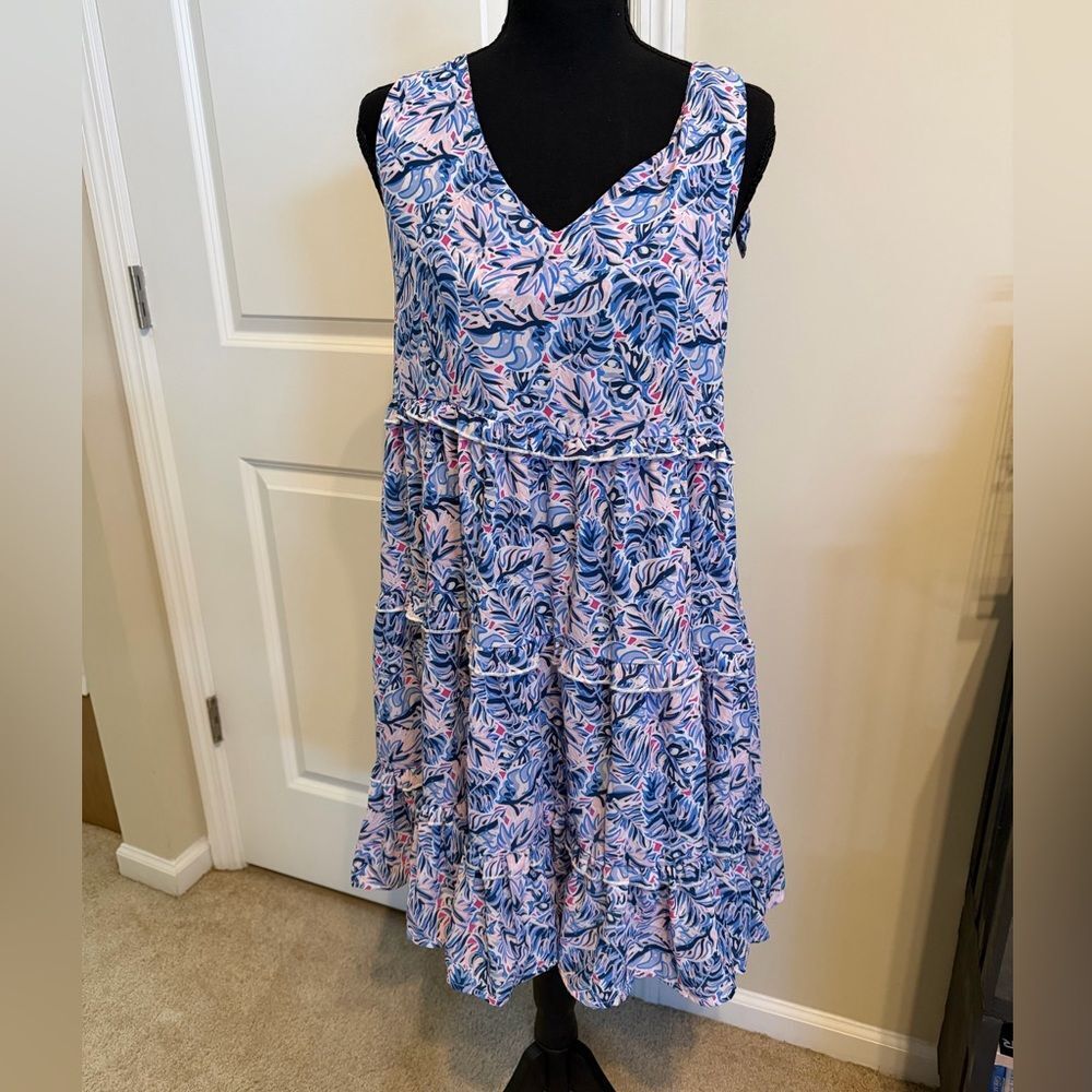 Simply Southern pink blue foral tiered dress ruffle beach v neck babydoll dress - Picture 2 of 10